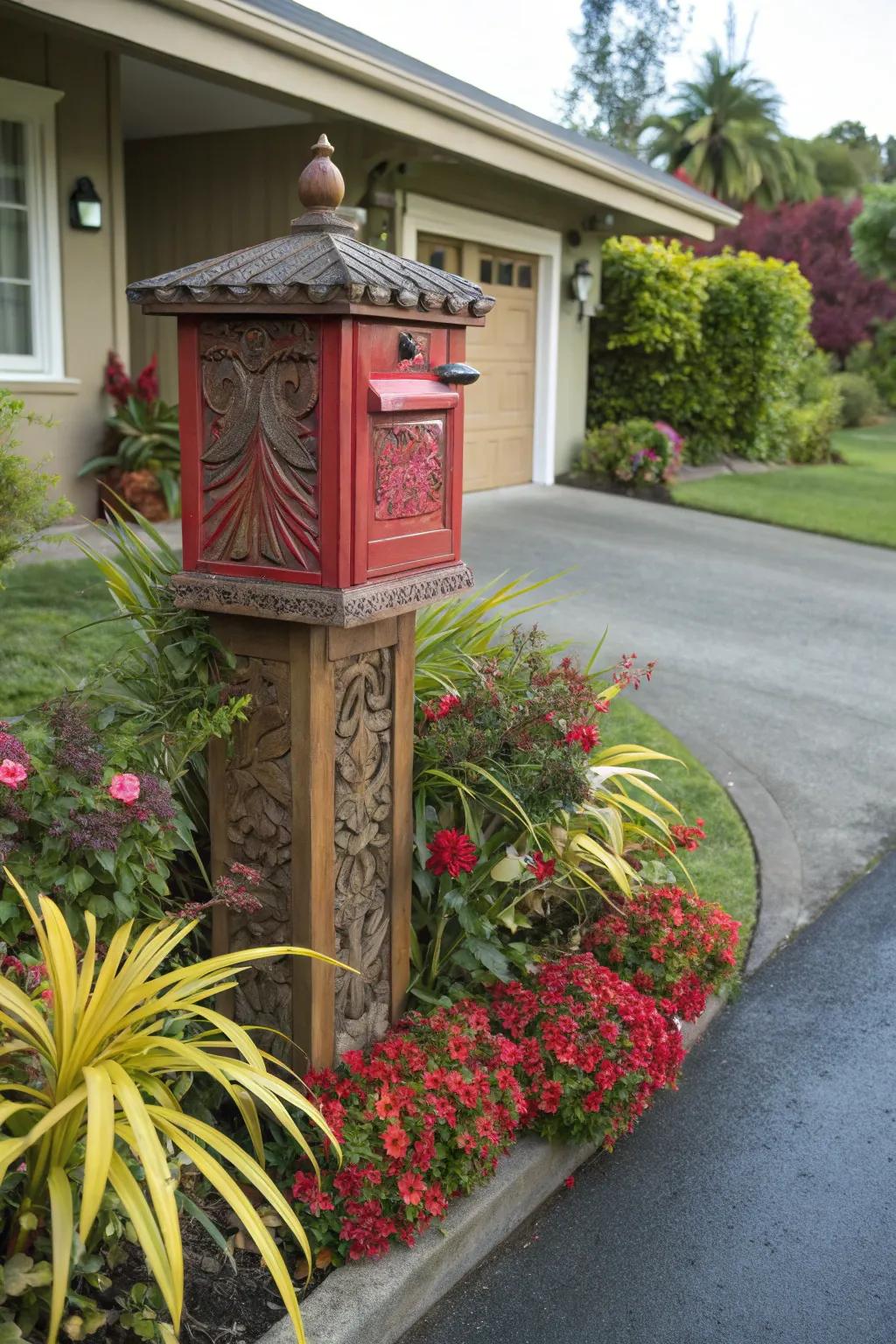 An inventive postbox functions as an appealing point of interest at this entrance.