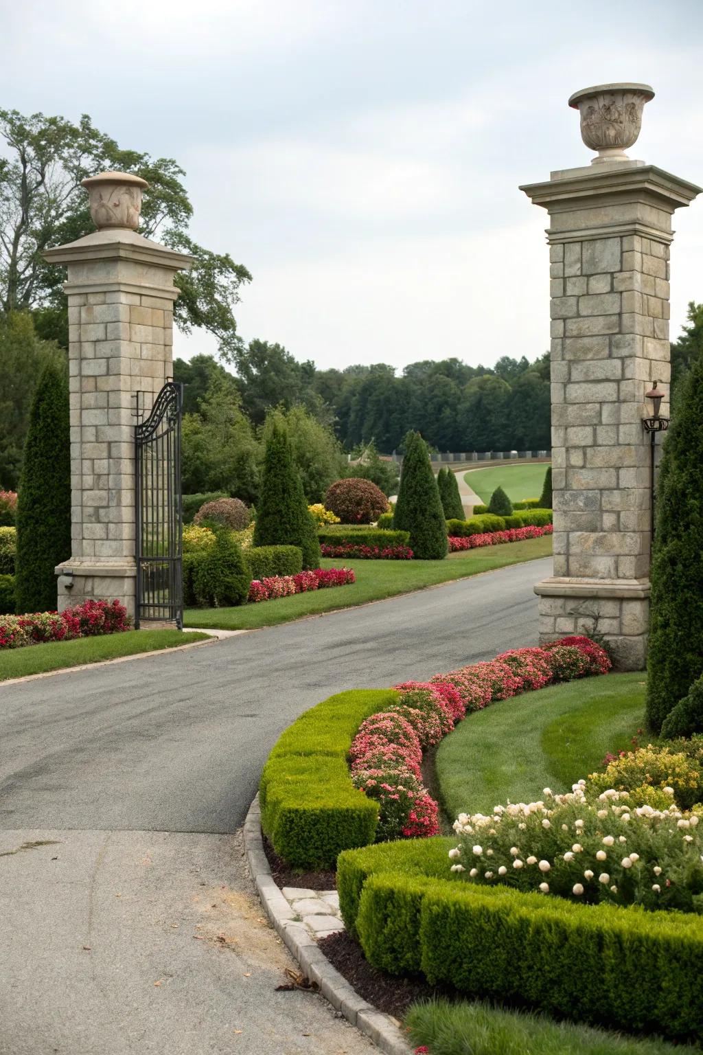 Grand rock columns impart a majestic presence to the driveway entrance.
