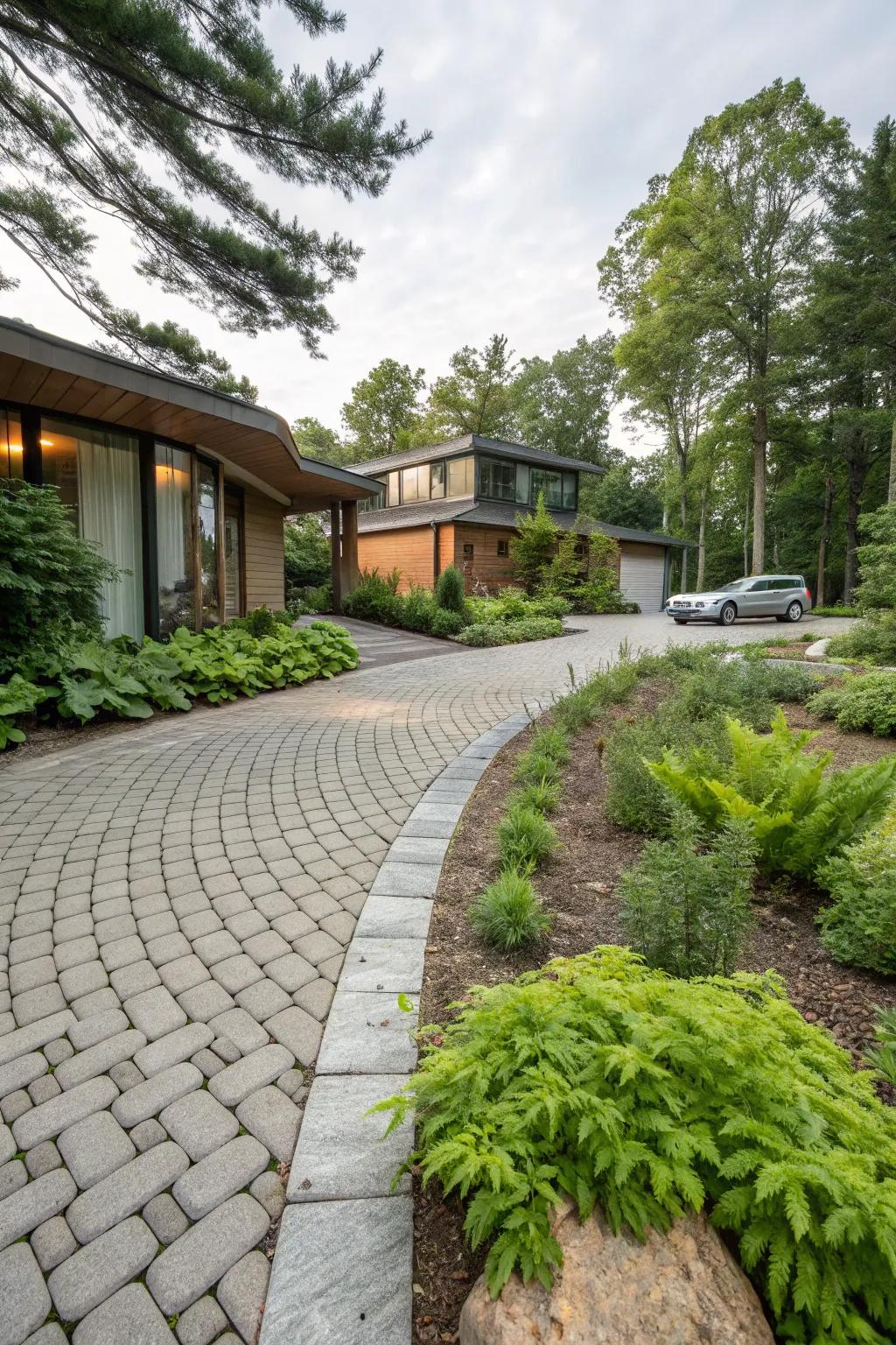 Water-permeable pavers offer a sustainable and contemporary touch to this drive.