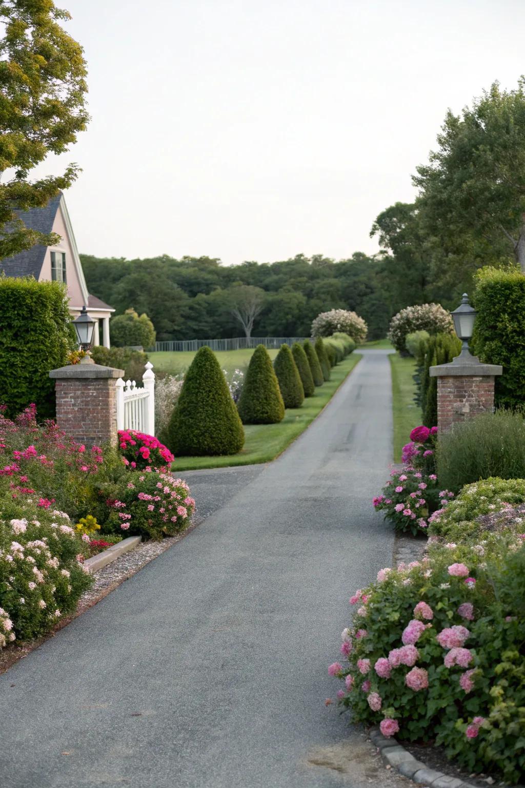 Harmonious planting provides balance and symmetry to the entrance.