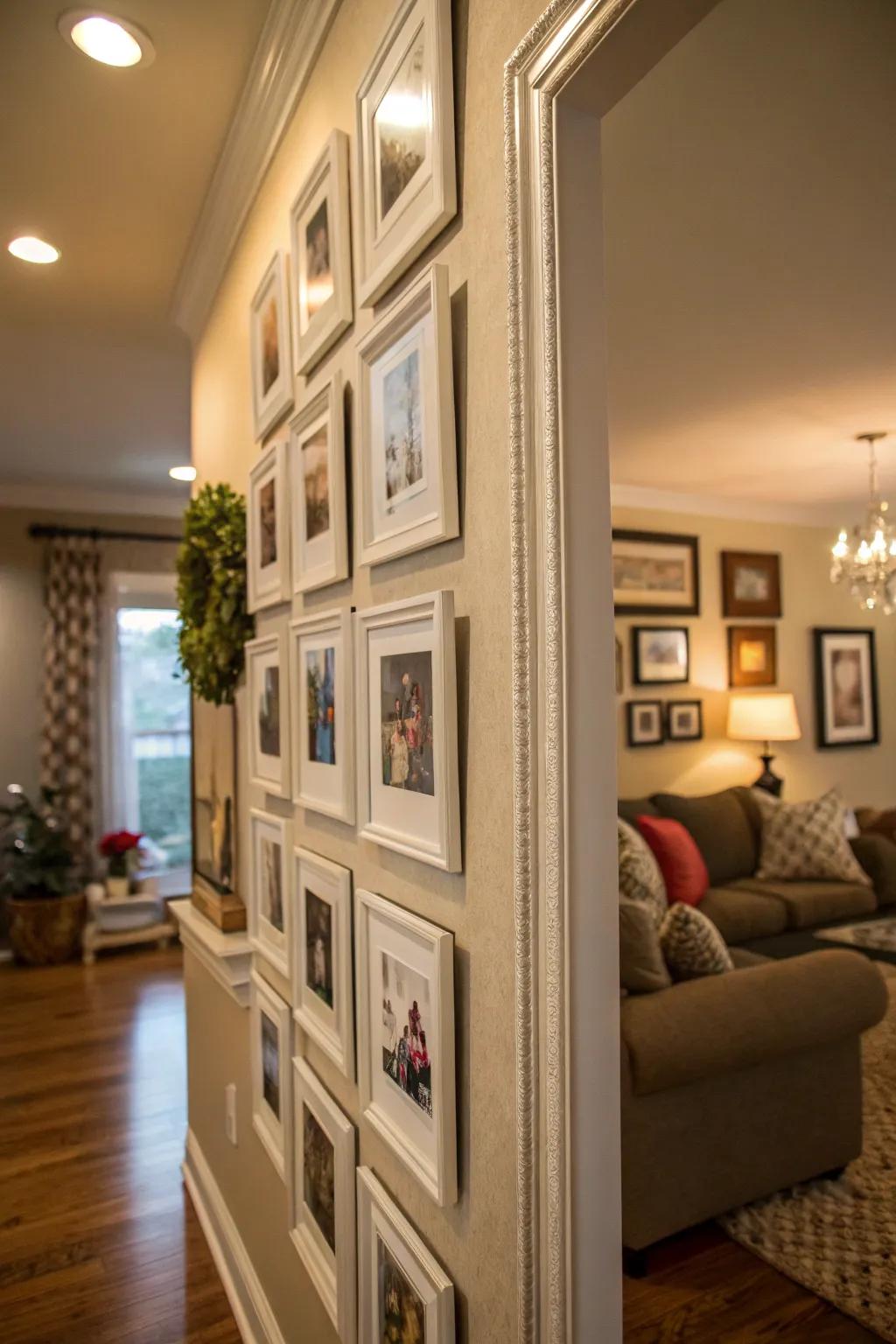 Employ vertical lines to fabricate an illusion of elevation upon your photo wall.