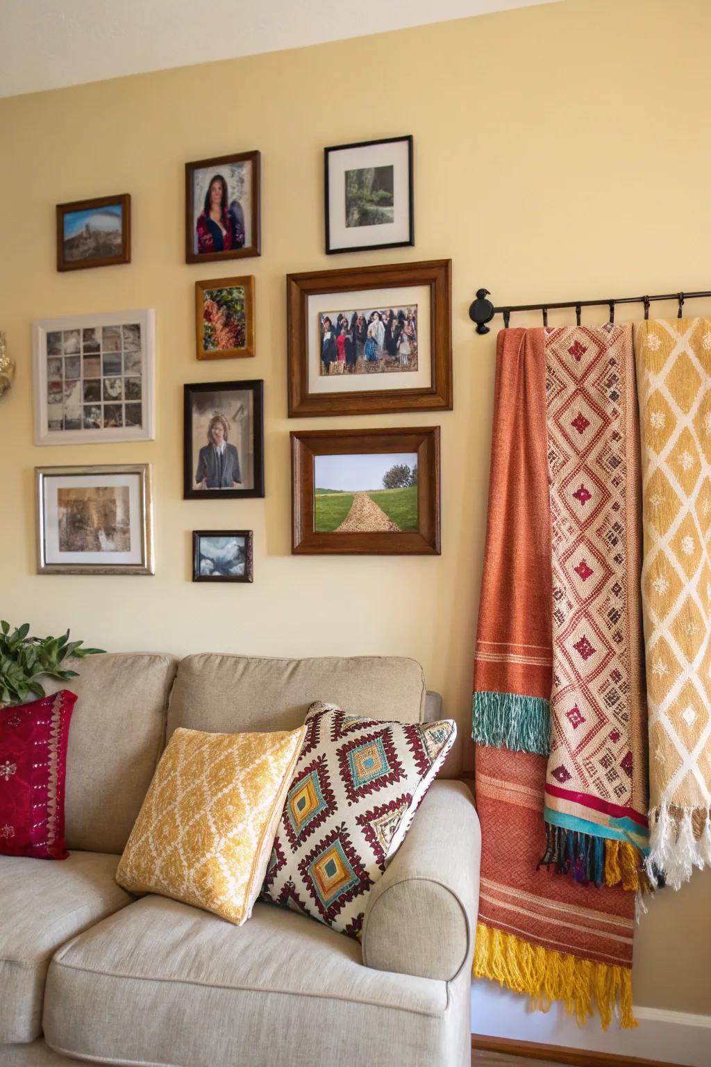 Incorporate weaves for a comforting and textured photo wall.