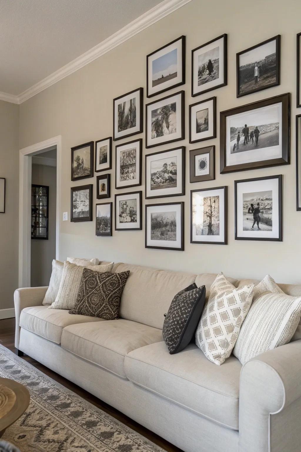 Fabricate a perpetual visual through a monochromatic themed photo wall.