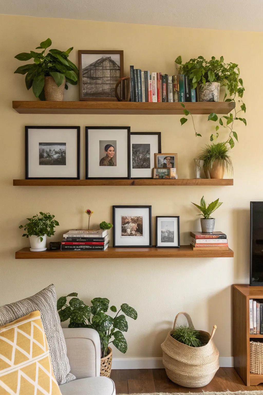 Accentuate your photo wall with shelving and flora for an animated atmosphere.