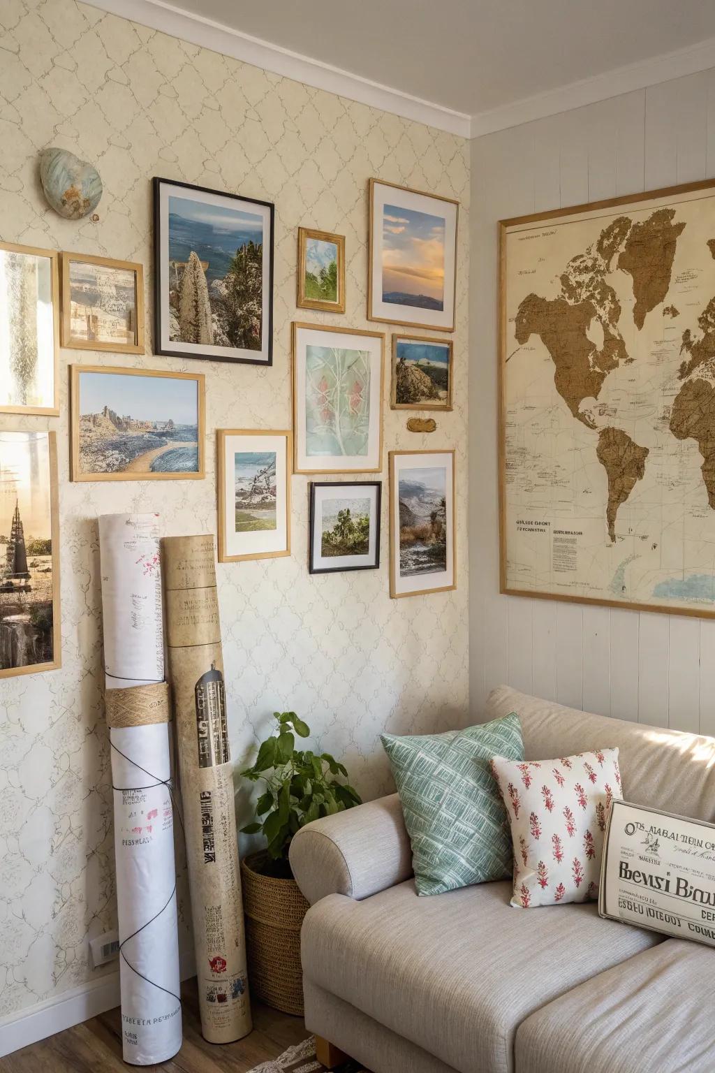 A themed photo wall fabricates a cohesive and telling chronicle.