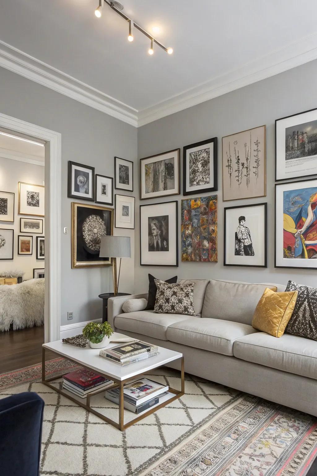 Establish your gallery display with a substantial piece, then elaborate around it for a timeless appearance.