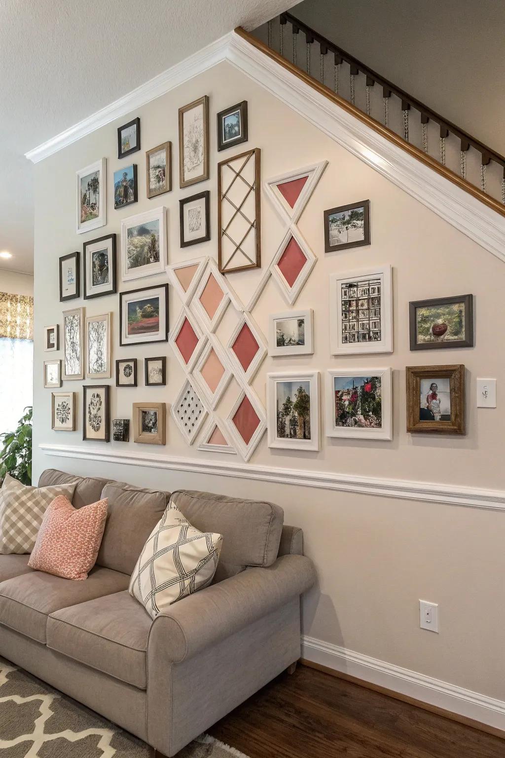 Geometric patterns fabricate a daring proclamation upon your photo wall.
