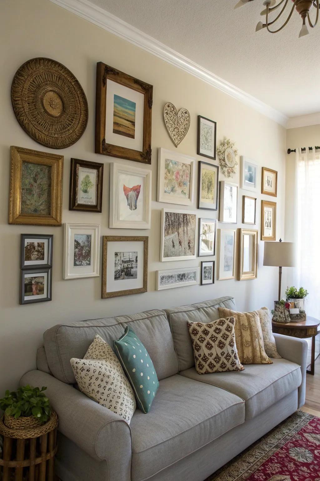 Produce visual intrigue through an unbalanced photo wall arrangement.