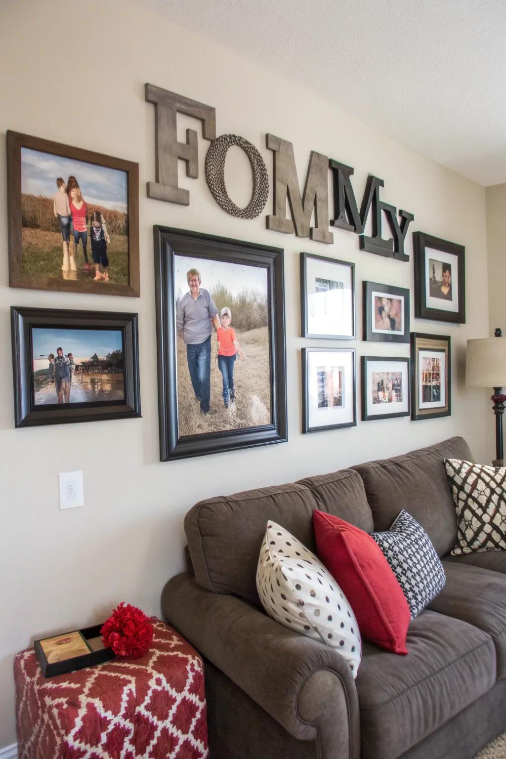 Typography contributes a contemporary periphery to your photo wall.