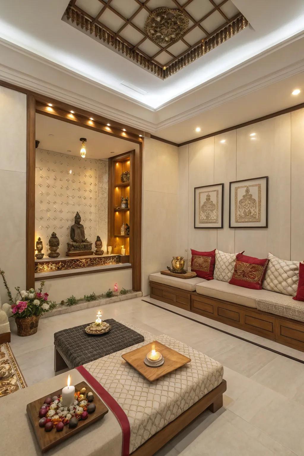 Comfortable seating areas for meditation and contemplation.