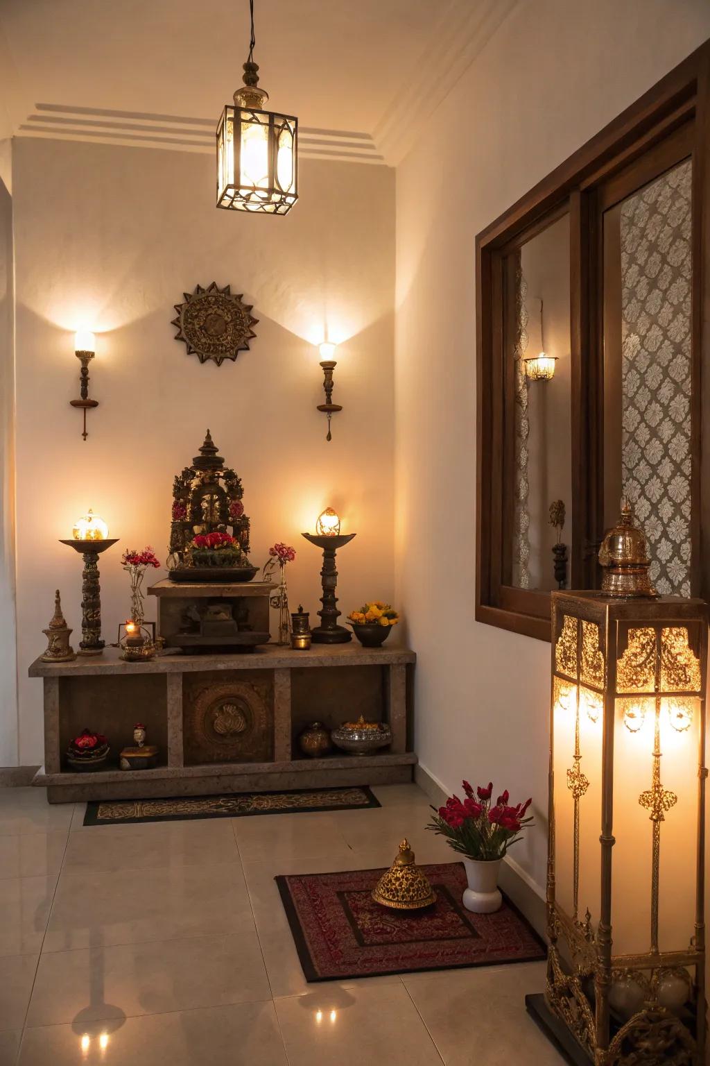 Soft lighting creating a peaceful ambiance in your pooja room.