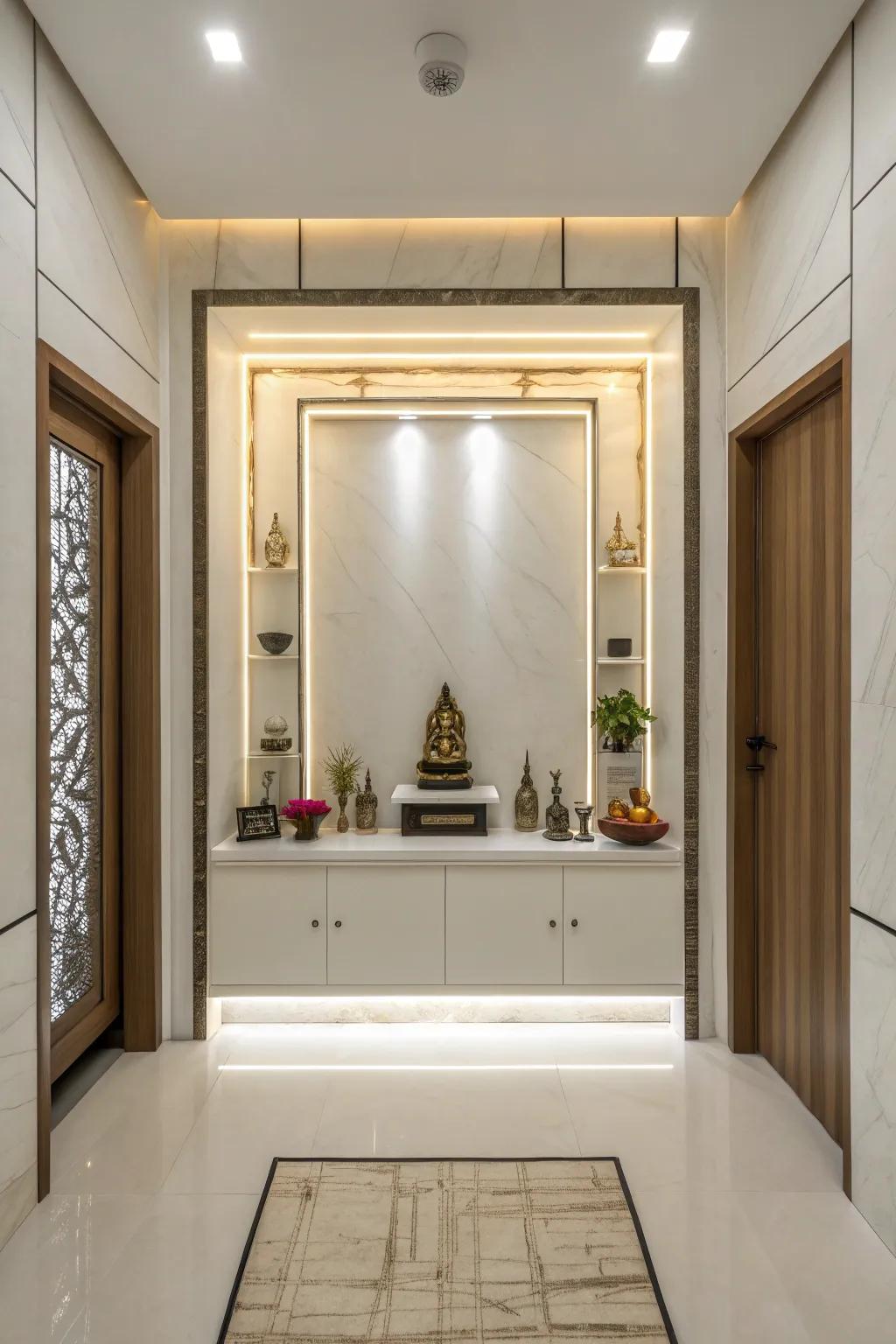 Contemporary smooth curves combined with traditional pooja room design.
