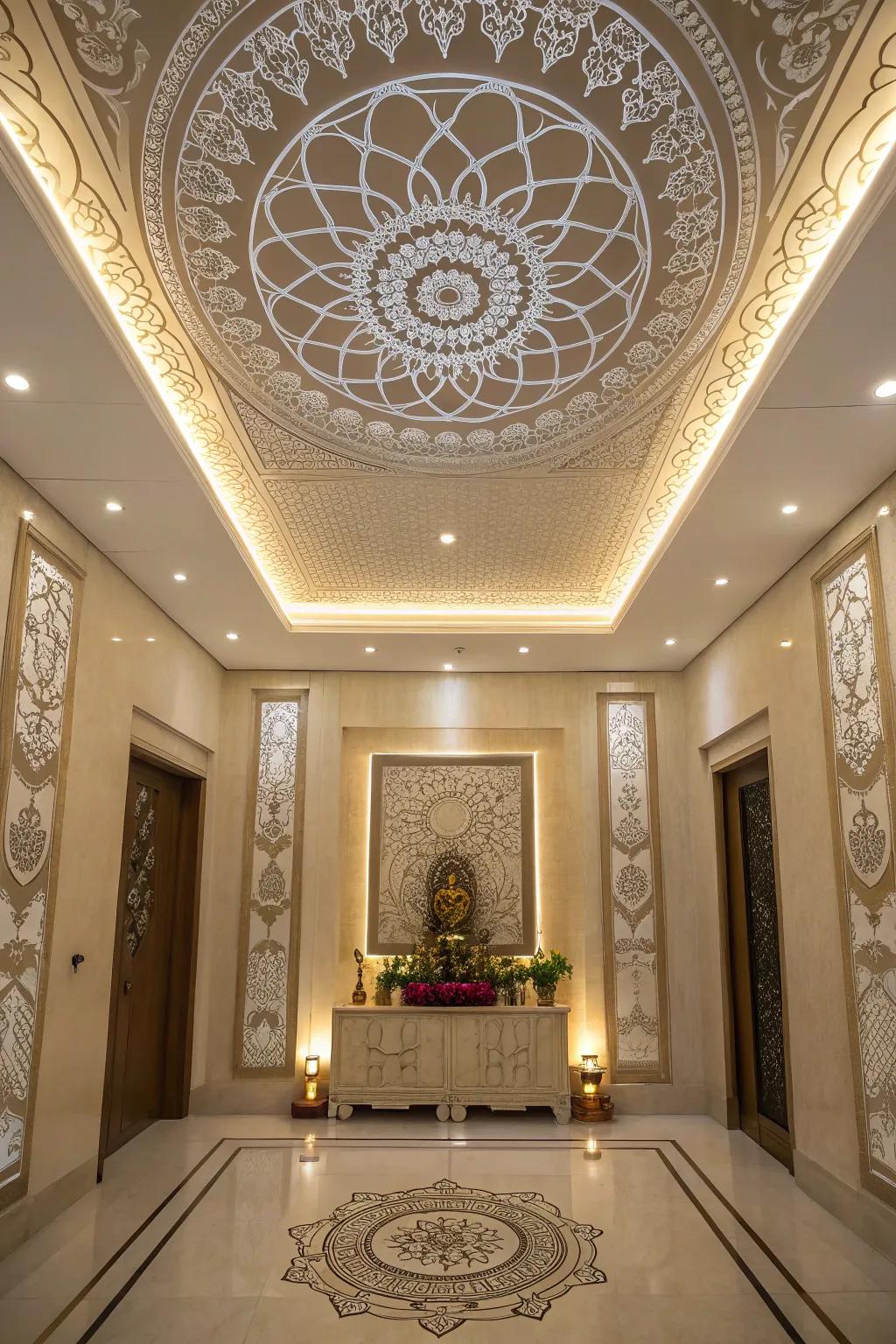 Ceiling adorned with sacred designs for a deeper spiritual experience.