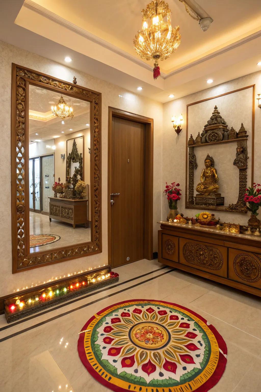 Mirrors used to visually enlarge and brighten the pooja room.