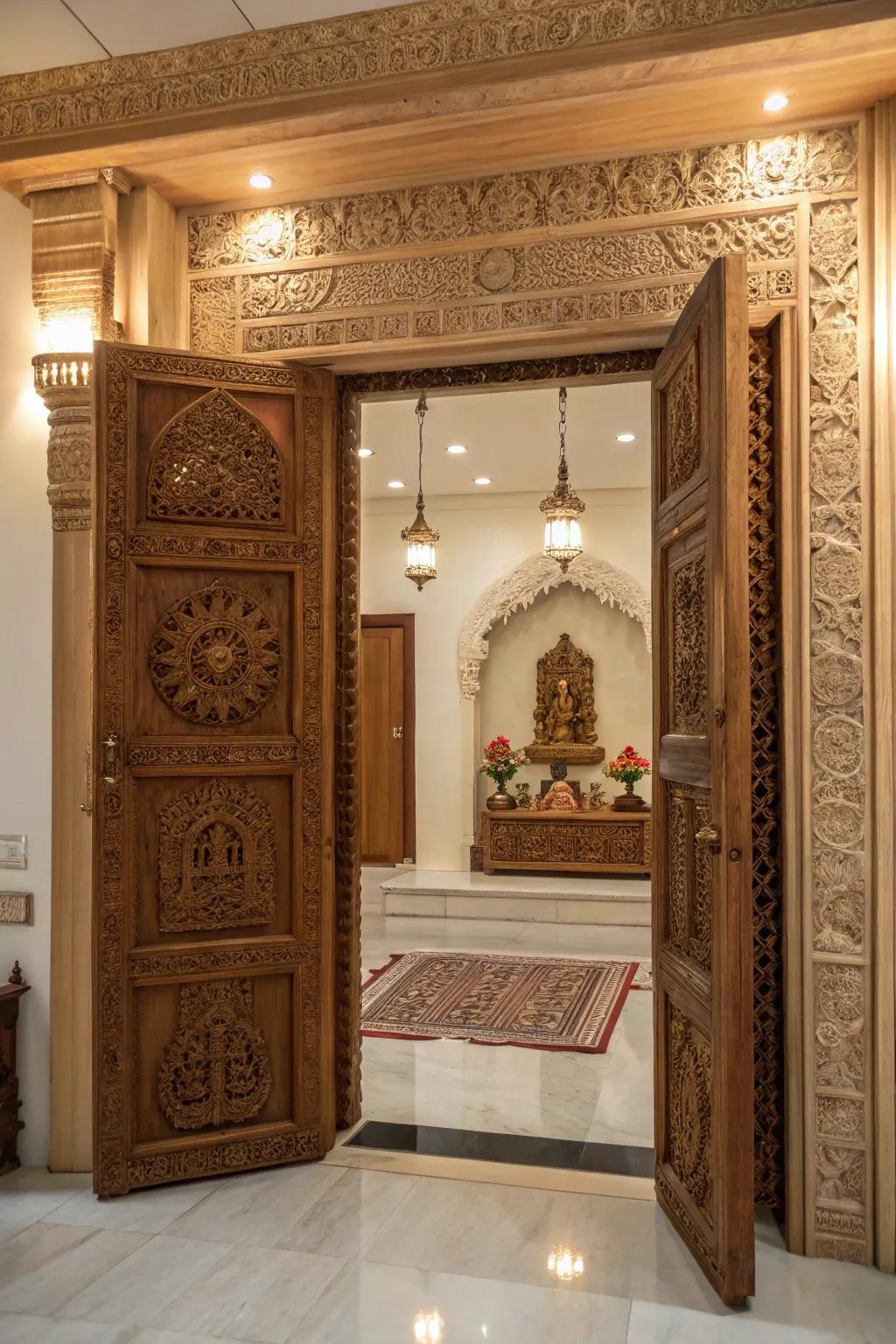 Intricately carved wooden entrances welcoming you into a sacred space.