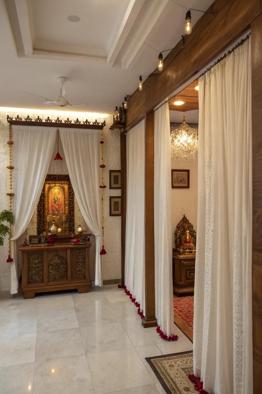 Use drapes to create flexible and private zones within your pooja room.