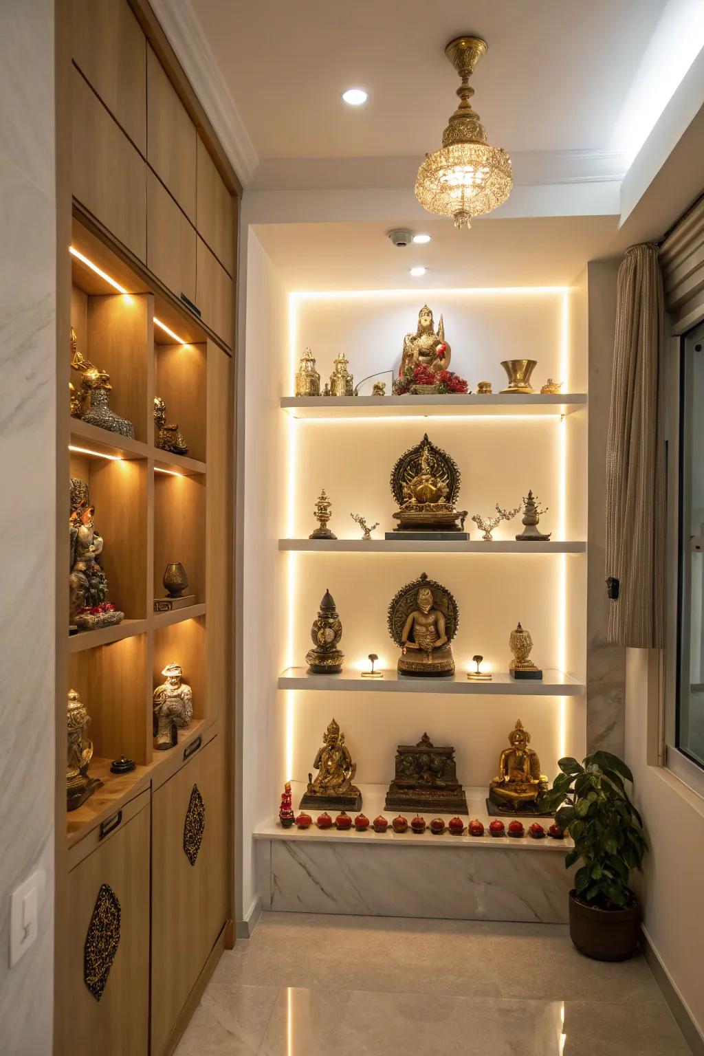 Spacious shelving to showcase deities prominently.