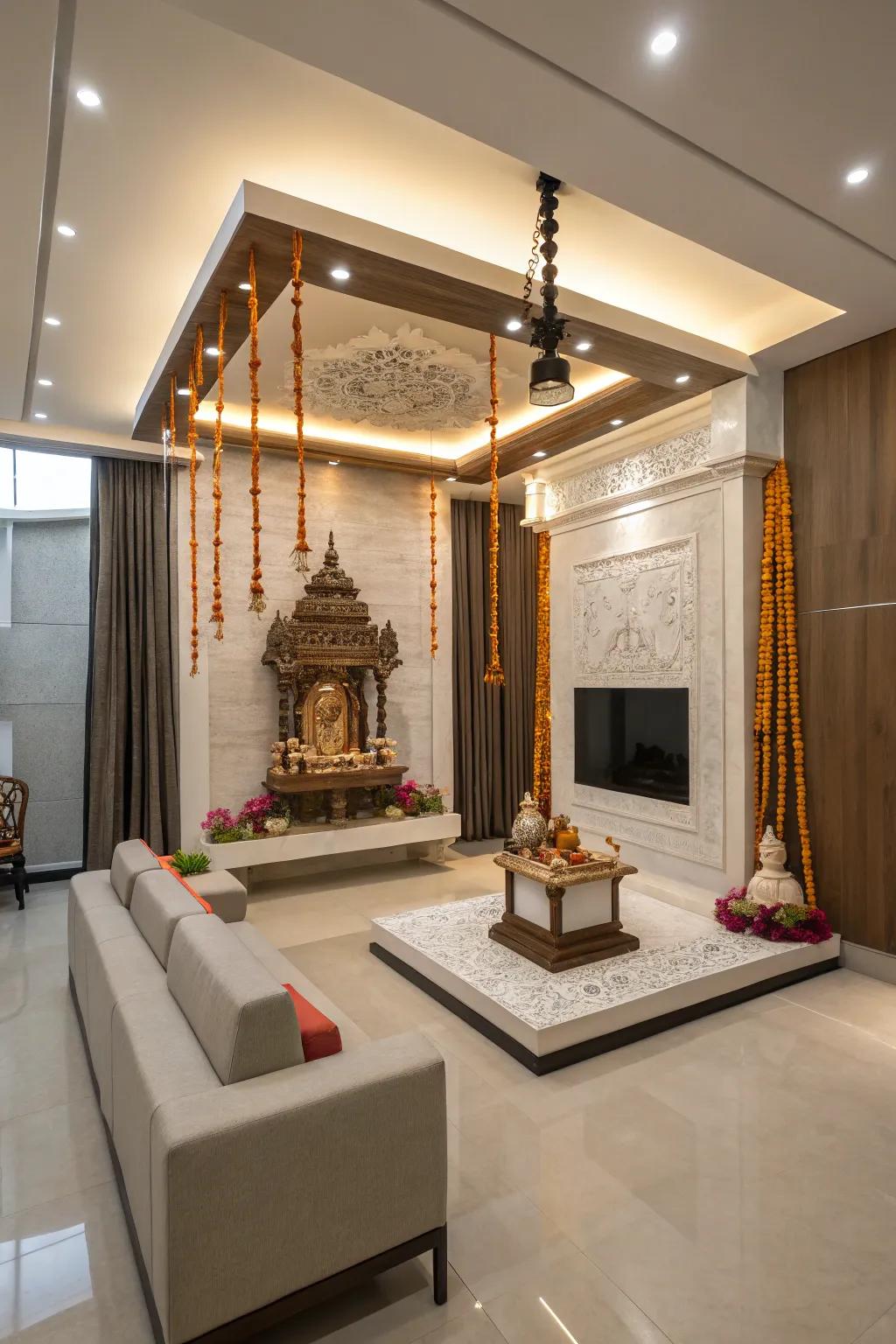 Floating mandir design combining modernity and space-saving.
