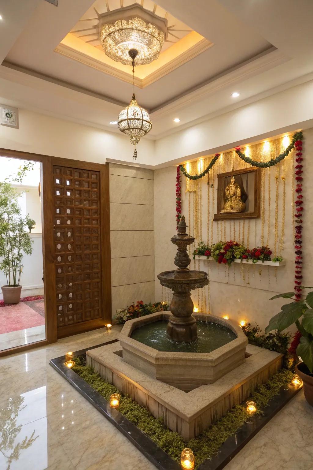 Water features adding tranquility to your pooja room.