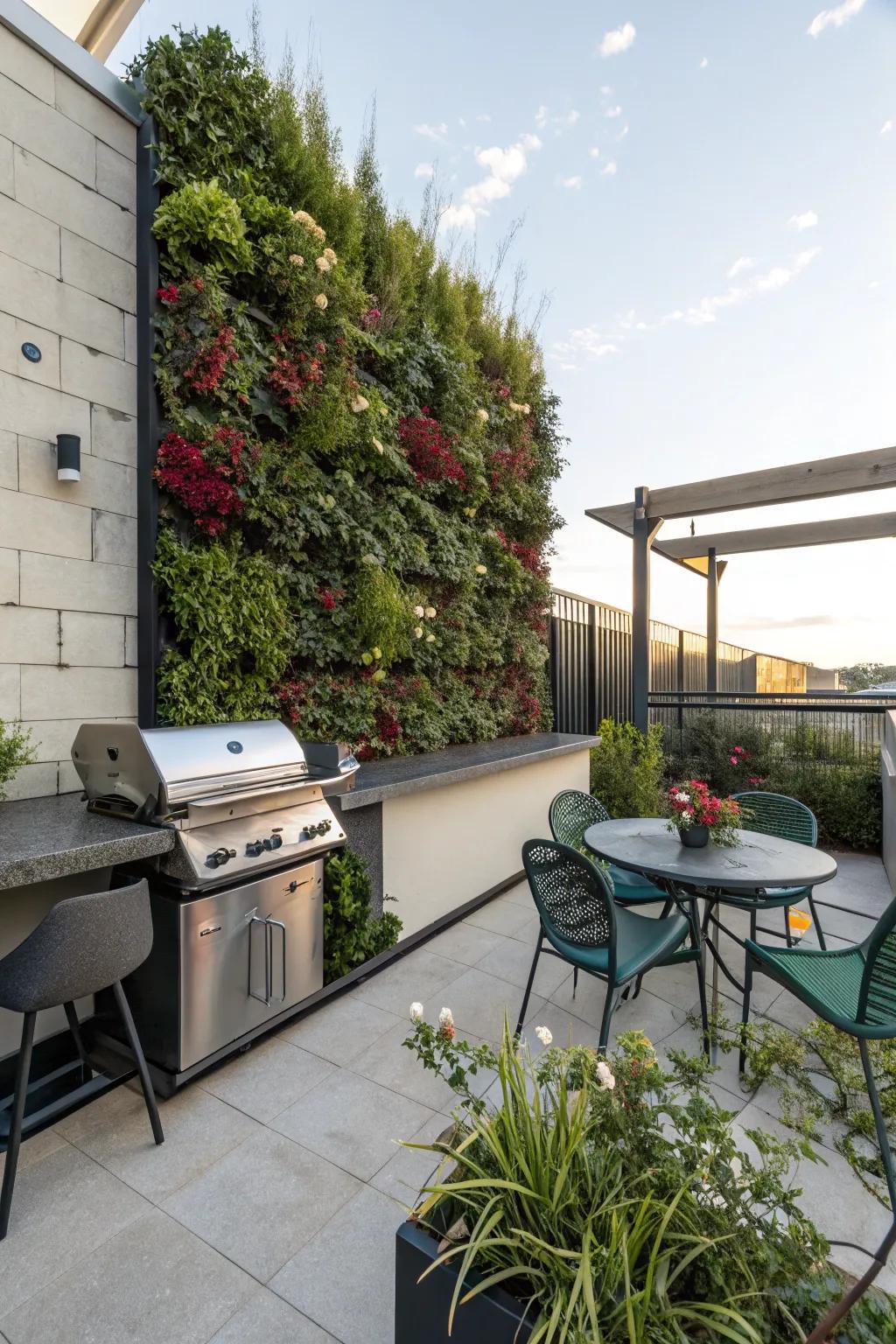 Living green panels bring life and color to compact BBQ spaces.