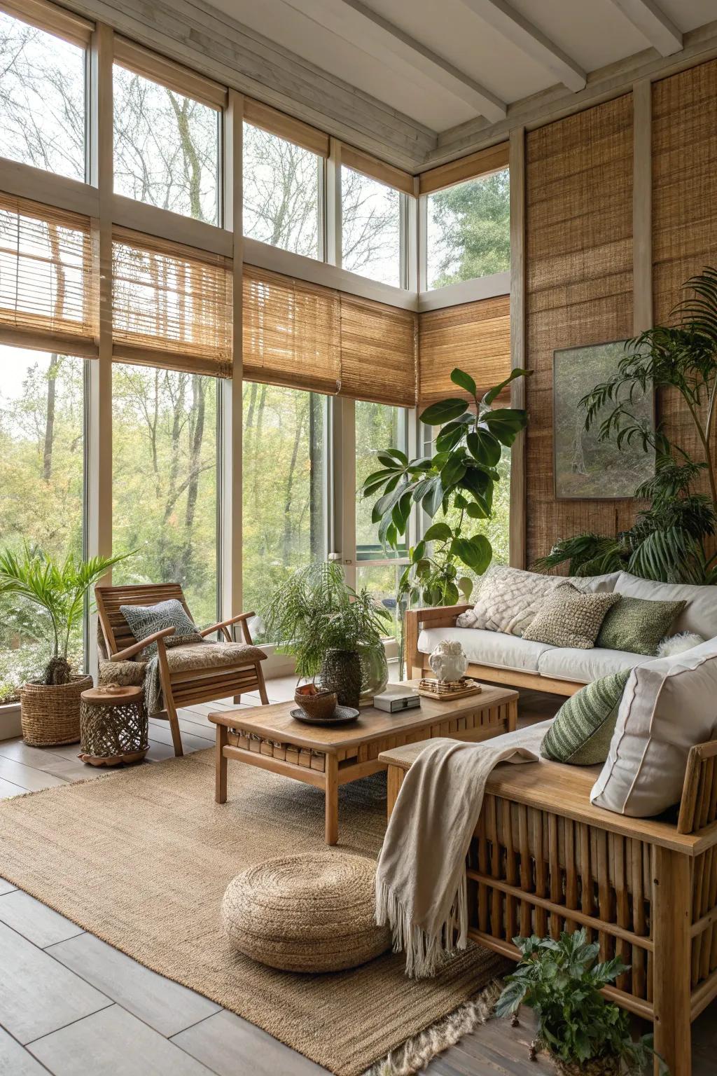 Woven shades introduce warmth and organic texture.