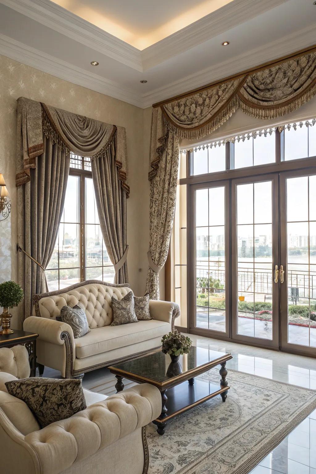 Surface treatments and upper window casings add architectural interest.