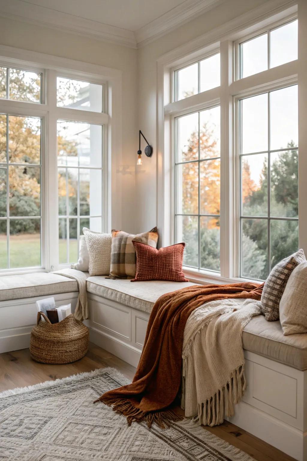 A relaxation corner transforms window spaces into inviting getaways.