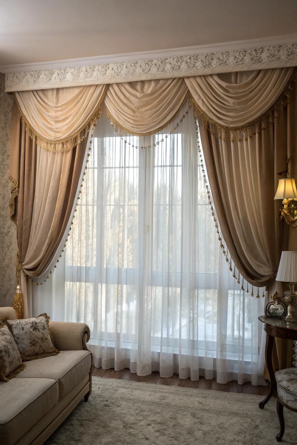 Superimposed valances alongside sheer window coverings for a luxurious presentation.