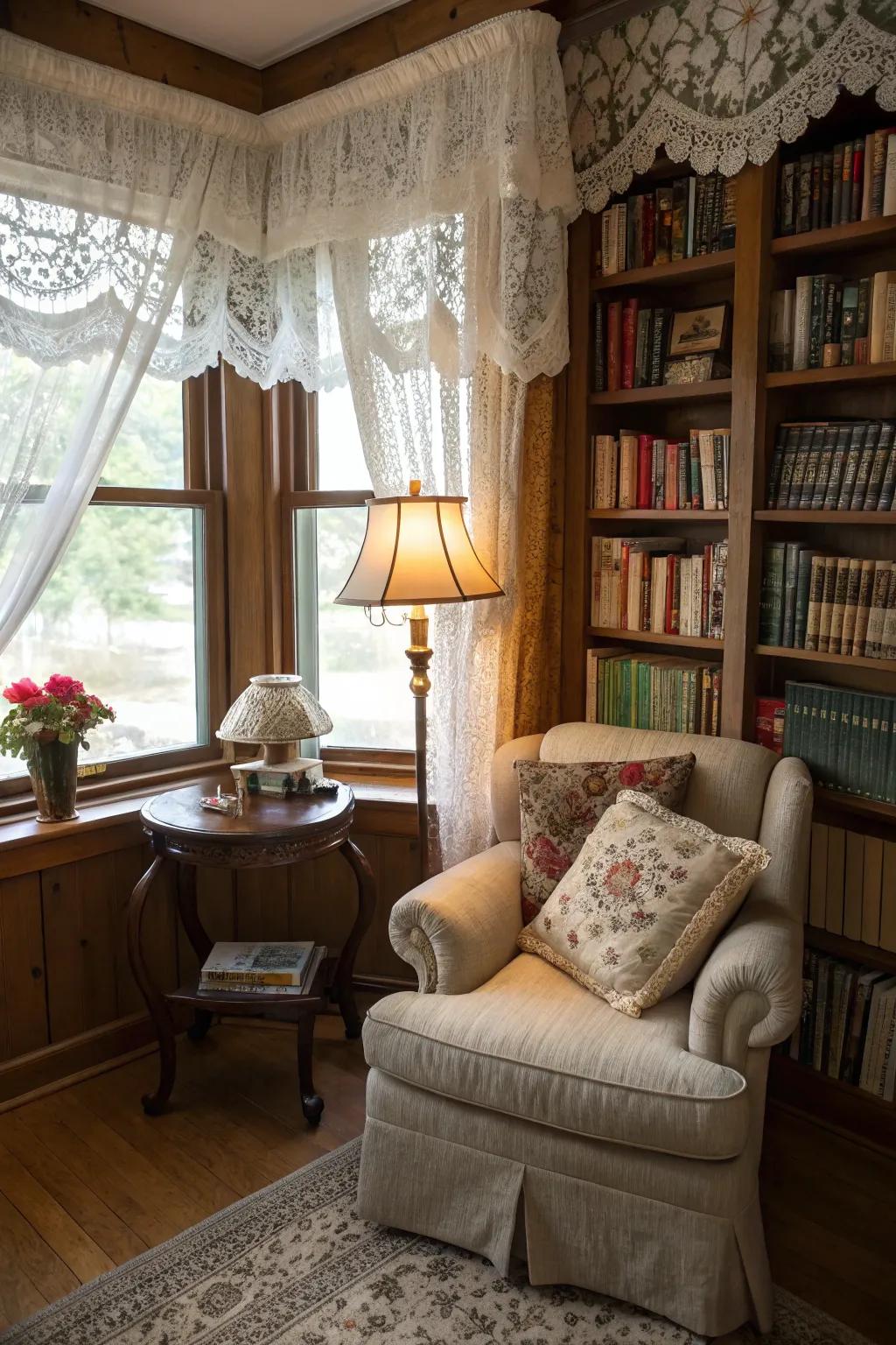 Shoelace valances inject classic appeal and subdue illumination.