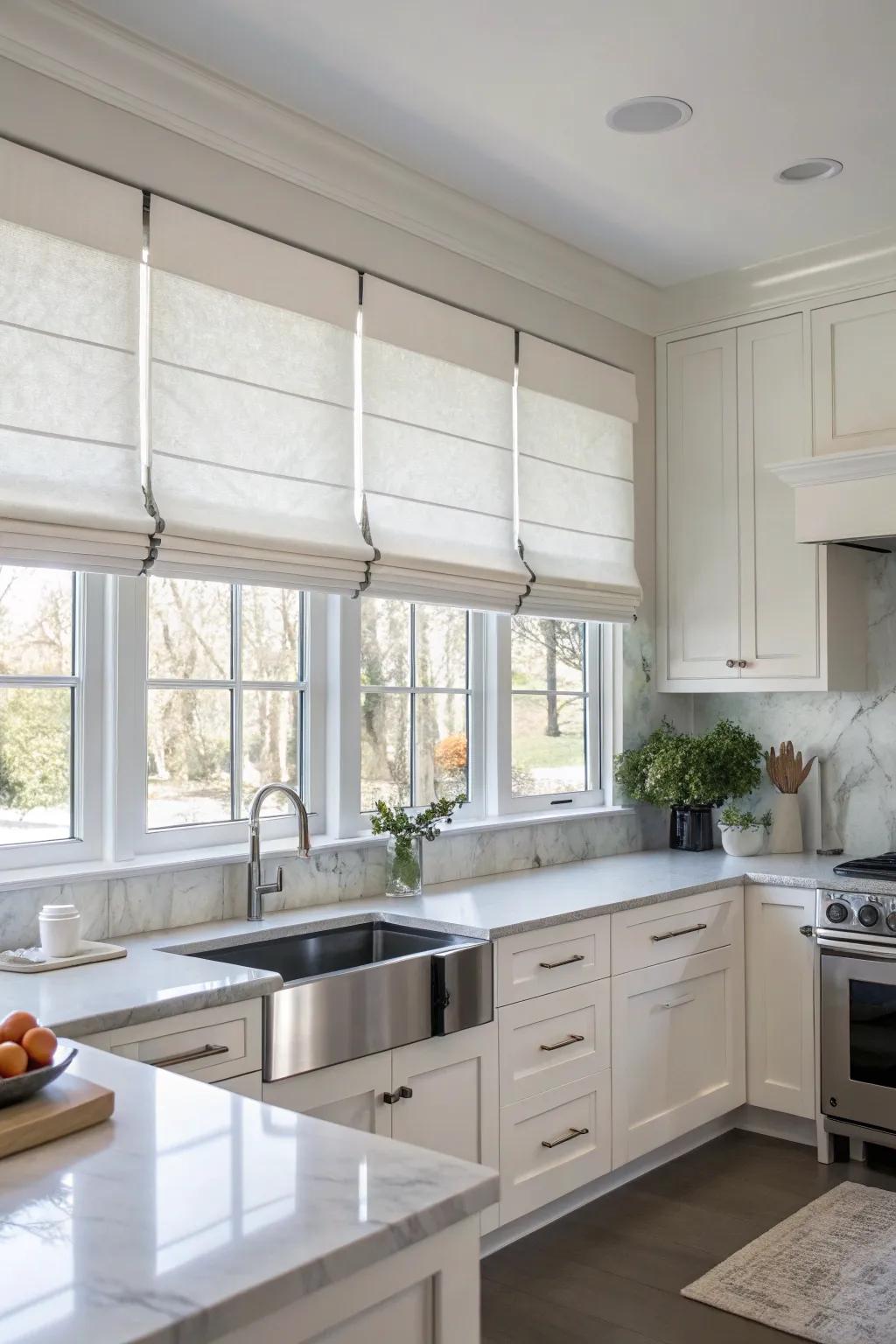 Roman shade valances deliver elegance and practicality.
