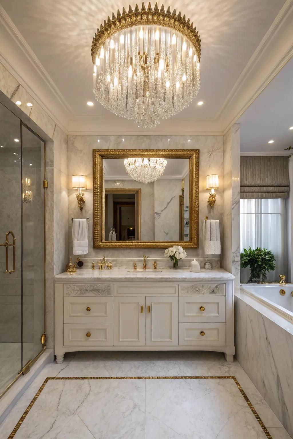 A chandelier brings drama and class to bathroom lighting.