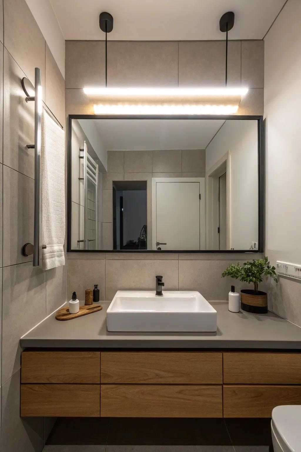 Bar lights above the mirror for a streamlined and modern touch.