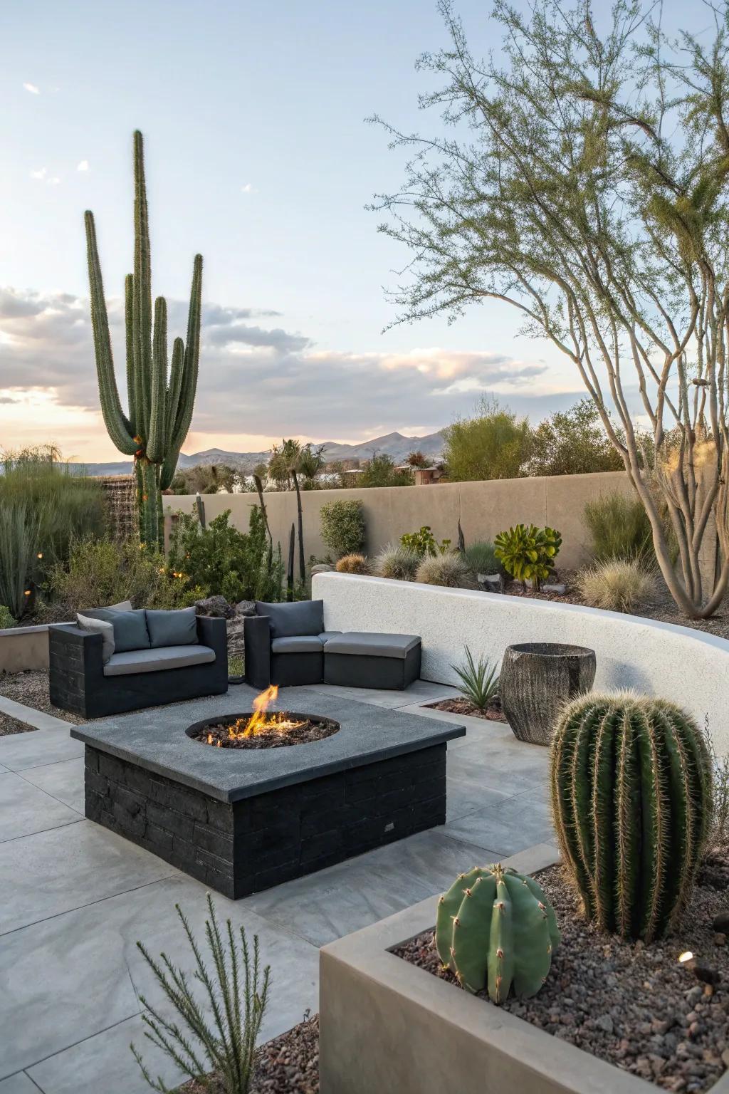 Modern fire pit circled by seating in a Las Vegas backyard.