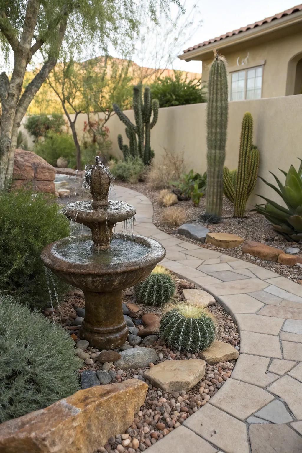 Small water fountain enclosed by desert plants in a Las Vegas backyard.