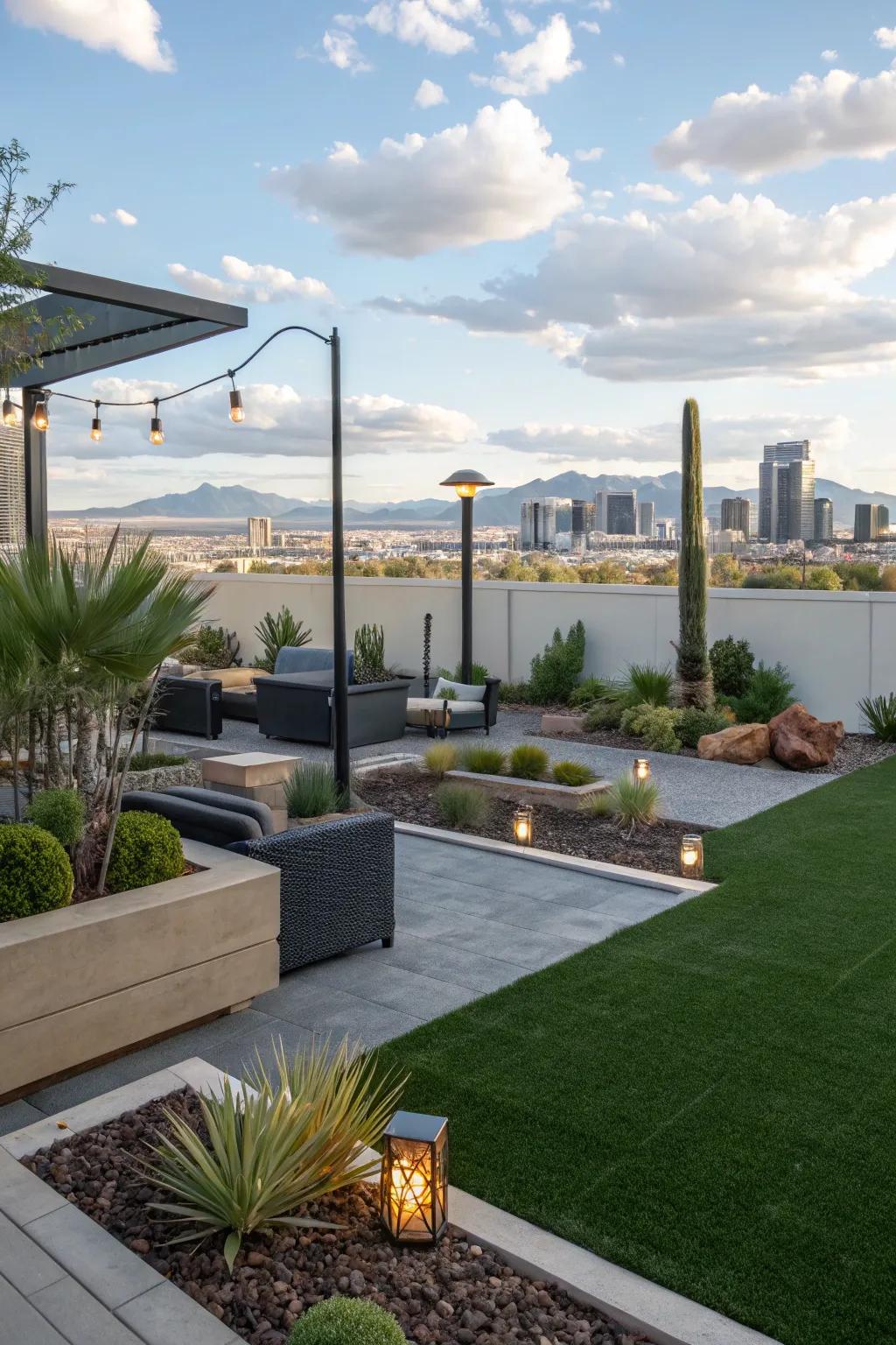 Green artificial turf in a Las Vegas backyard together with desert landscaping.