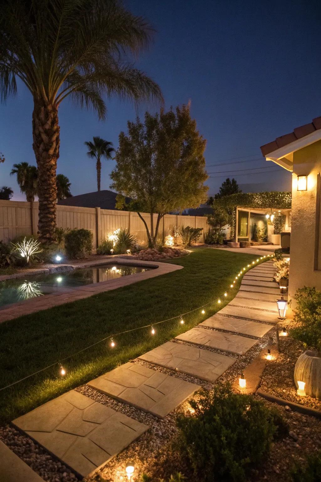 Soft outdoor lighting in a Las Vegas backyard during the evening.