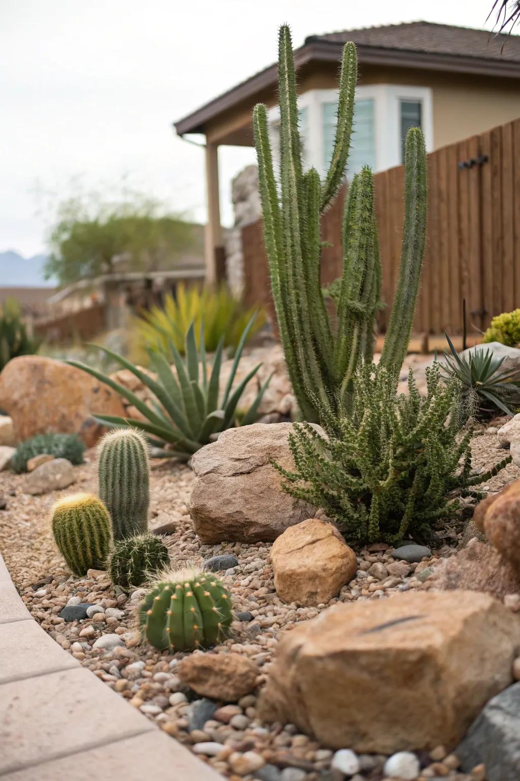 Desert-style gardening featuring cacti and succulents in a Las Vegas backyard.