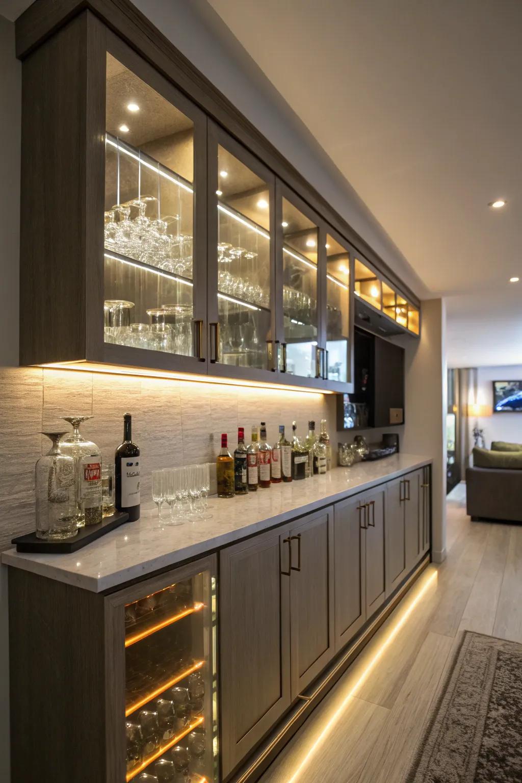 Beneath cupboard LED ribbons furnish discreet and current illumination.