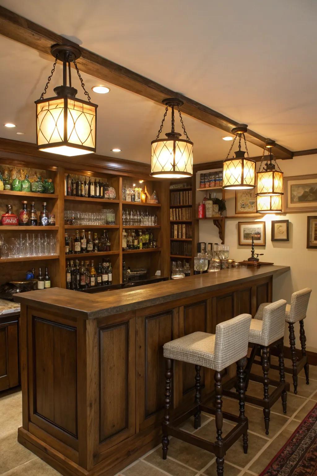 Rustic handheld lamps append vintage charm to the bar.