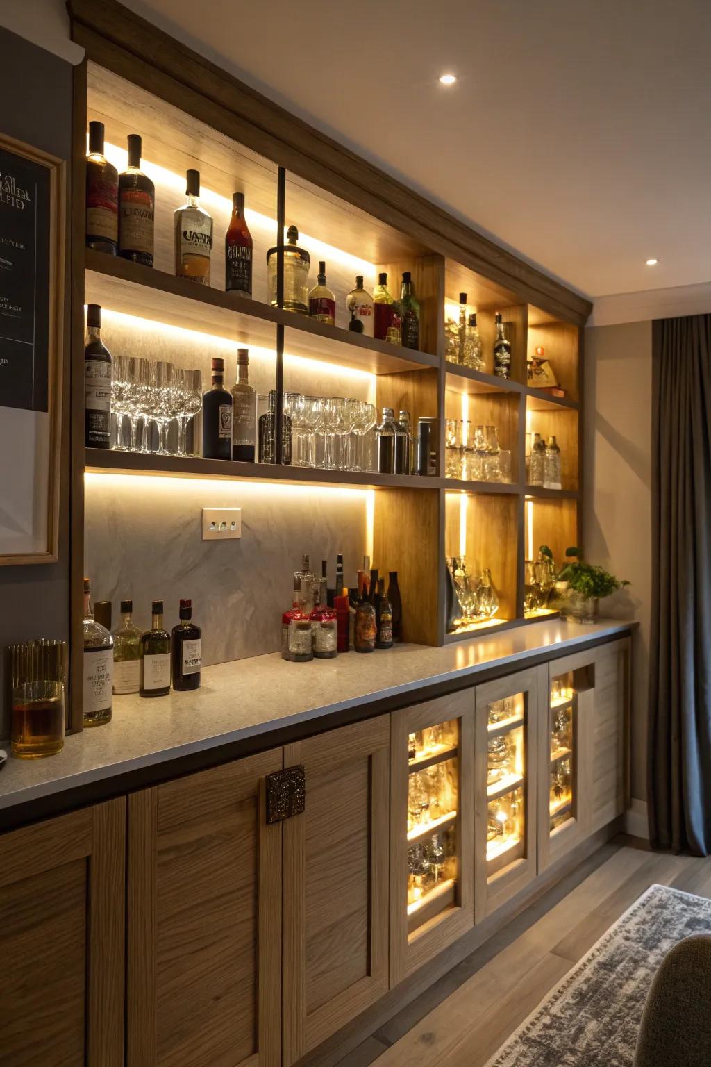 Concealed illumination renders shelves noticeable subtly.