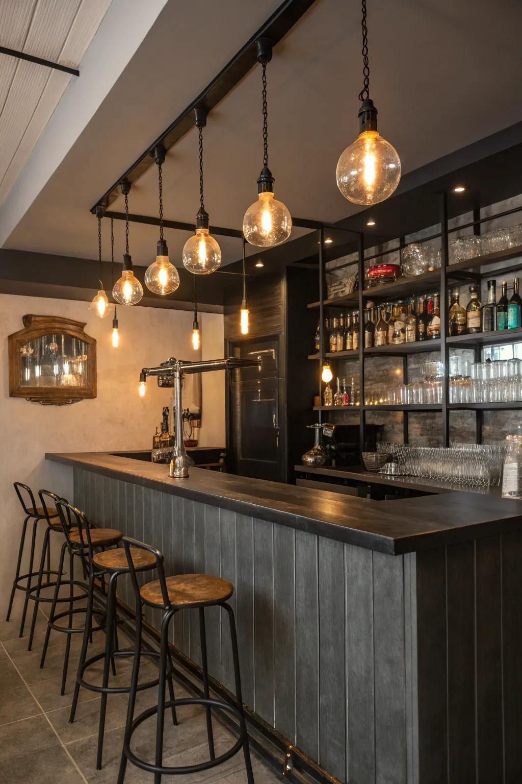 Industrial styled illumination showcasing uncovered lamps contributes personality to the bar.