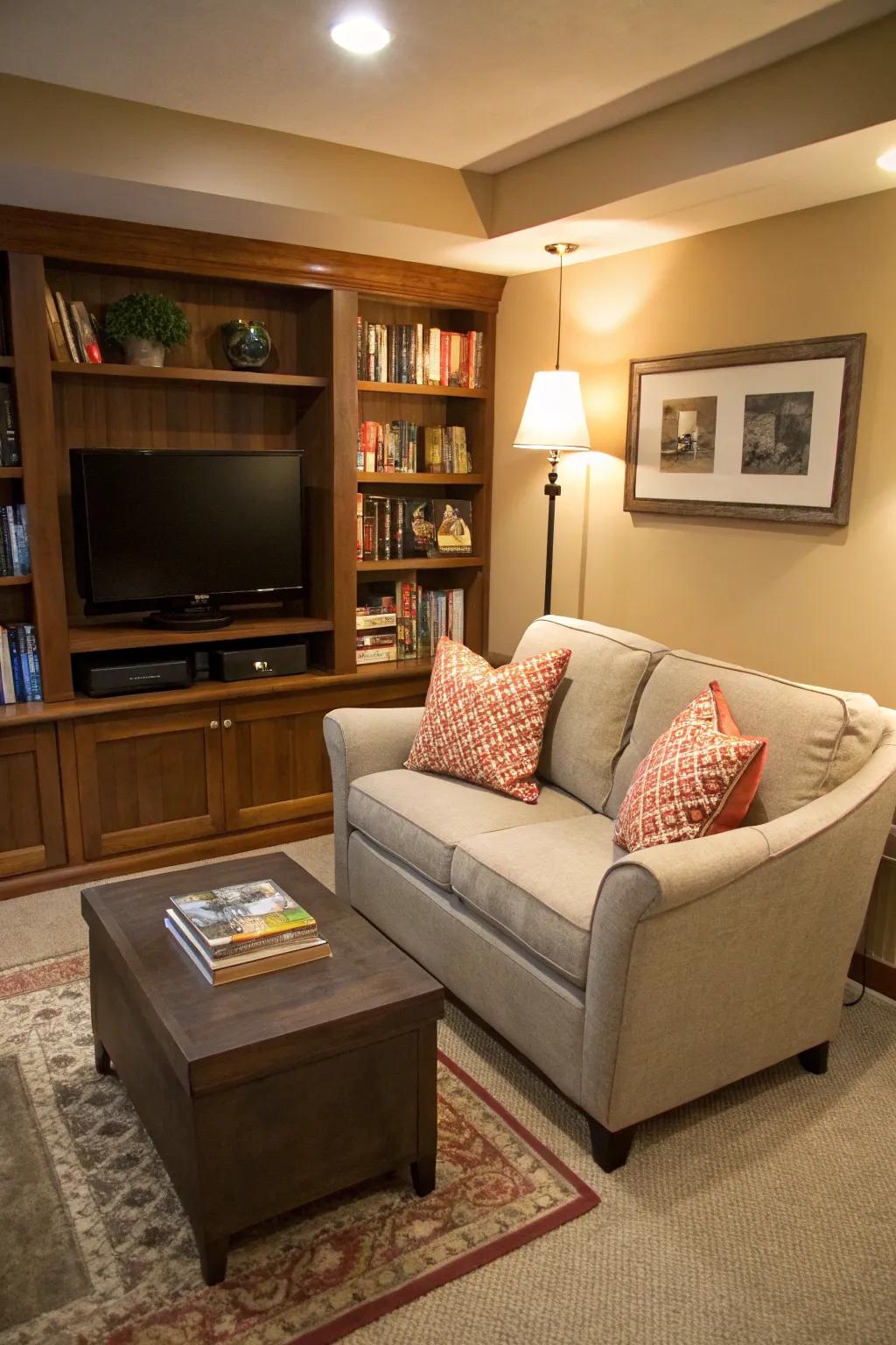 A small-scale loveseat enhances the coziness of a compact TV room