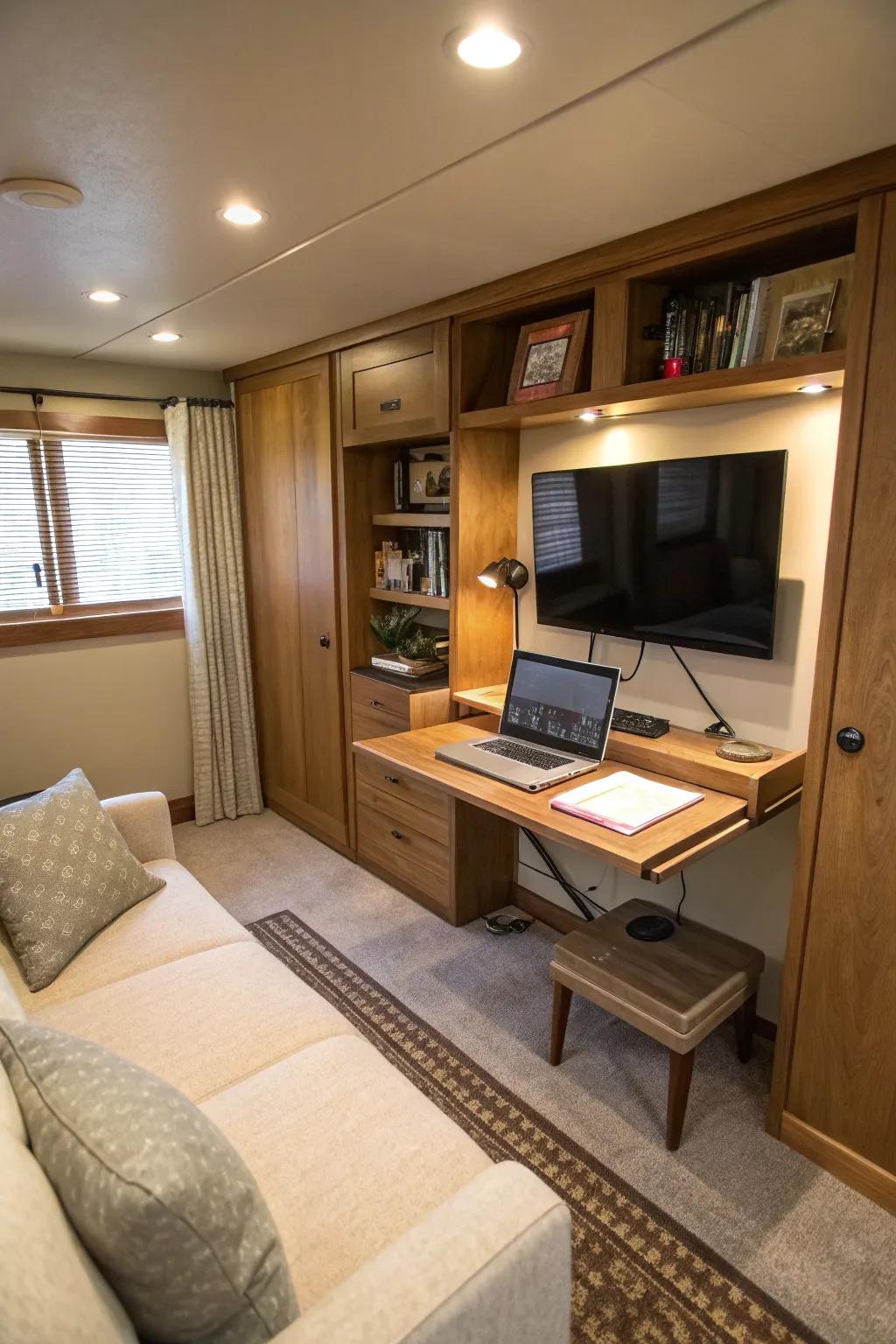 A fold-away desk offers functionality without taking up area