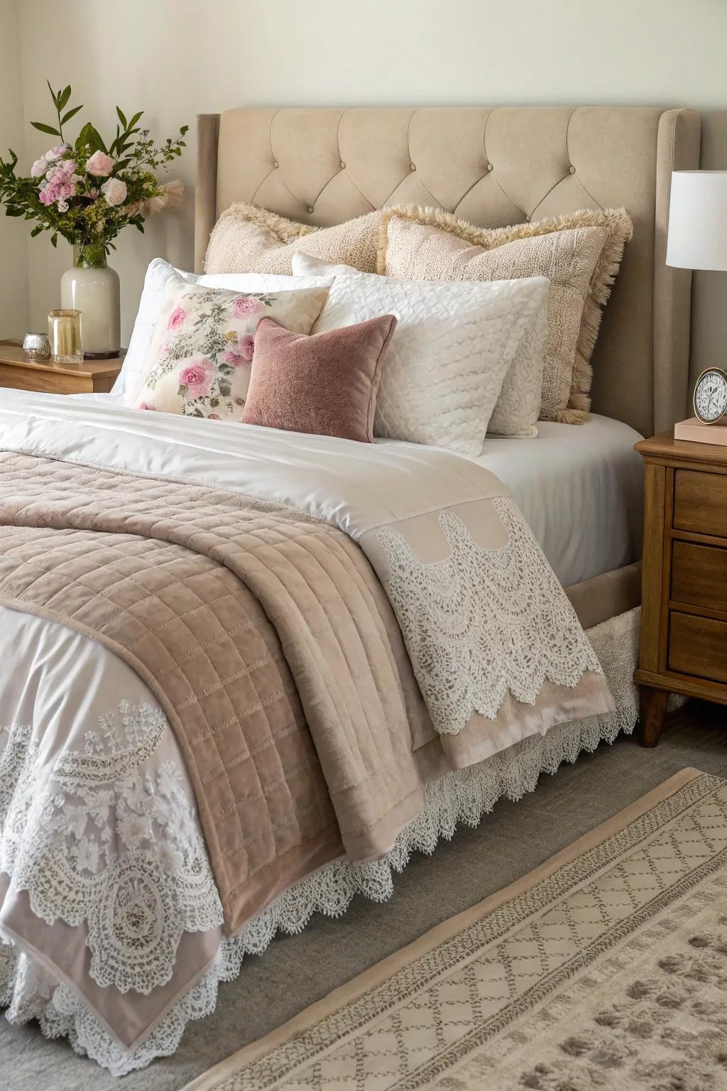 Comfort and visual appeal are improved by layered bedding.