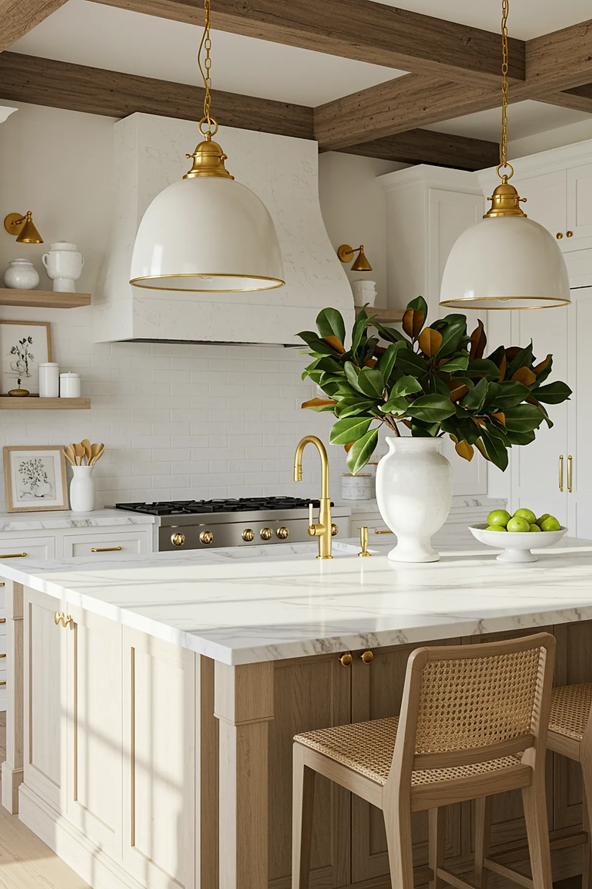 White and brass dome pendant lights above a marble kitchen island with wooden accents.