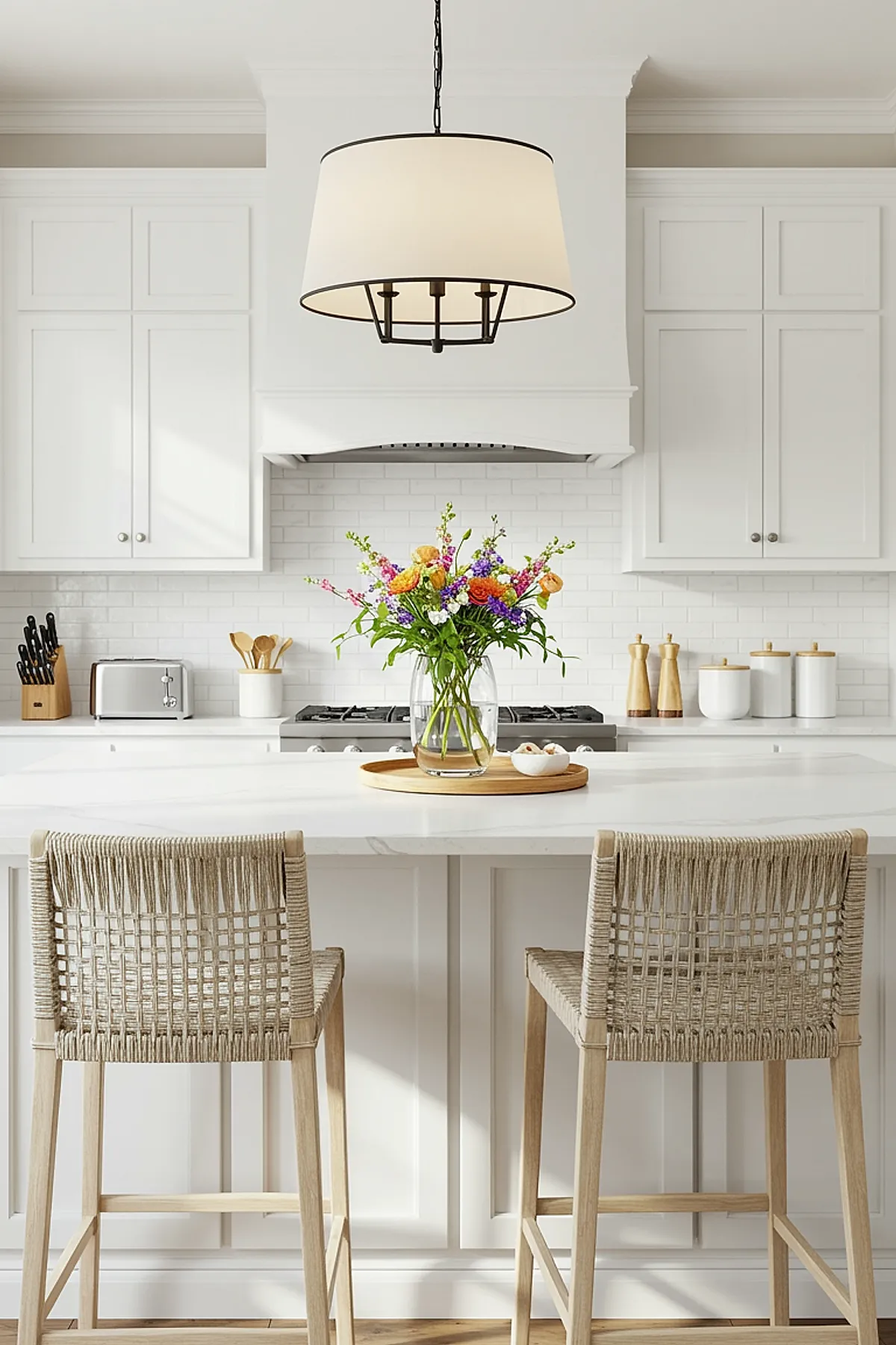 Black frame drum pendant light over a white kitchen island with wicker chairs and a vase of flowers.