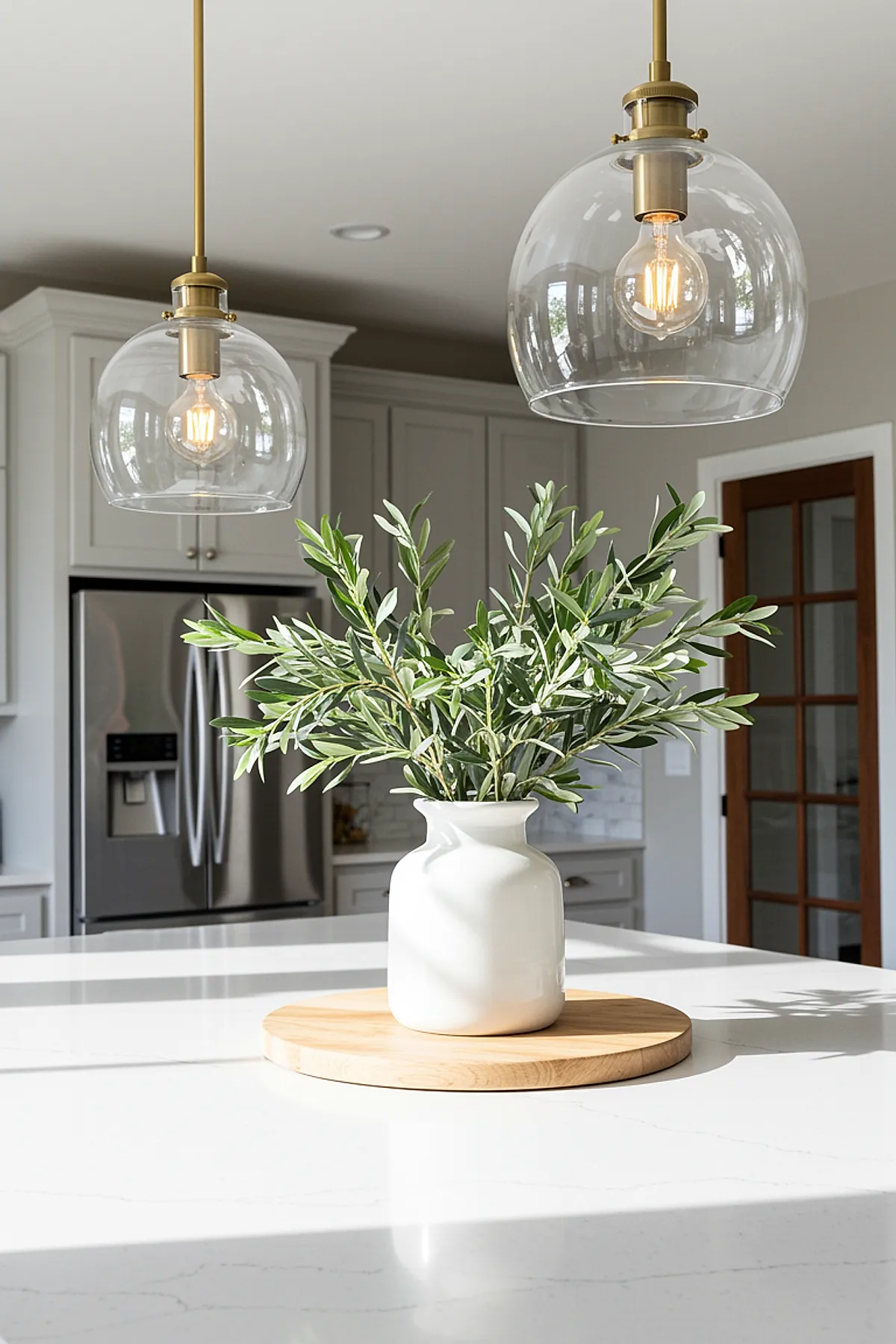 Clear glass pendant lights with brass fittings above a white kitchen island with vase and greenery.