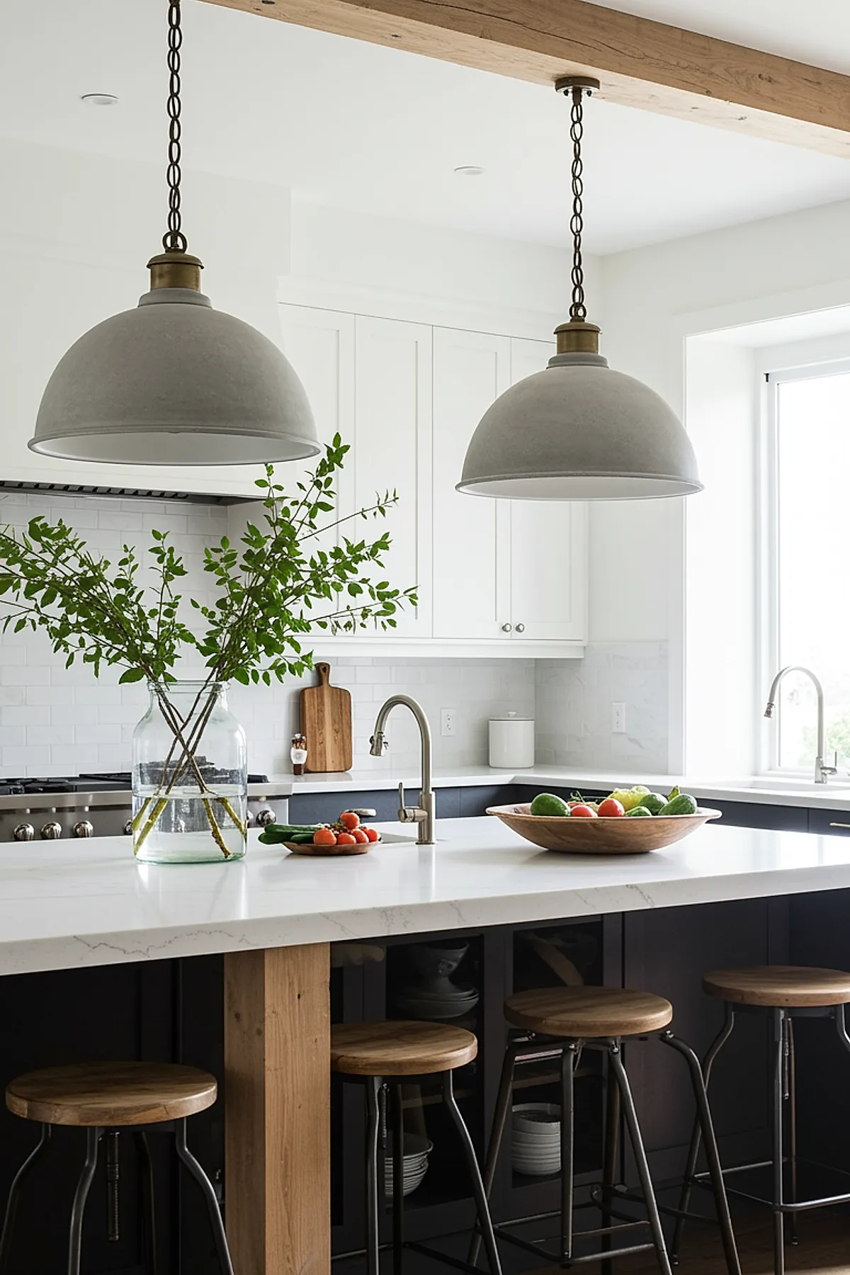Concrete dome pendant lights with brass accents over a kitchen island with wooden stools and greenery.