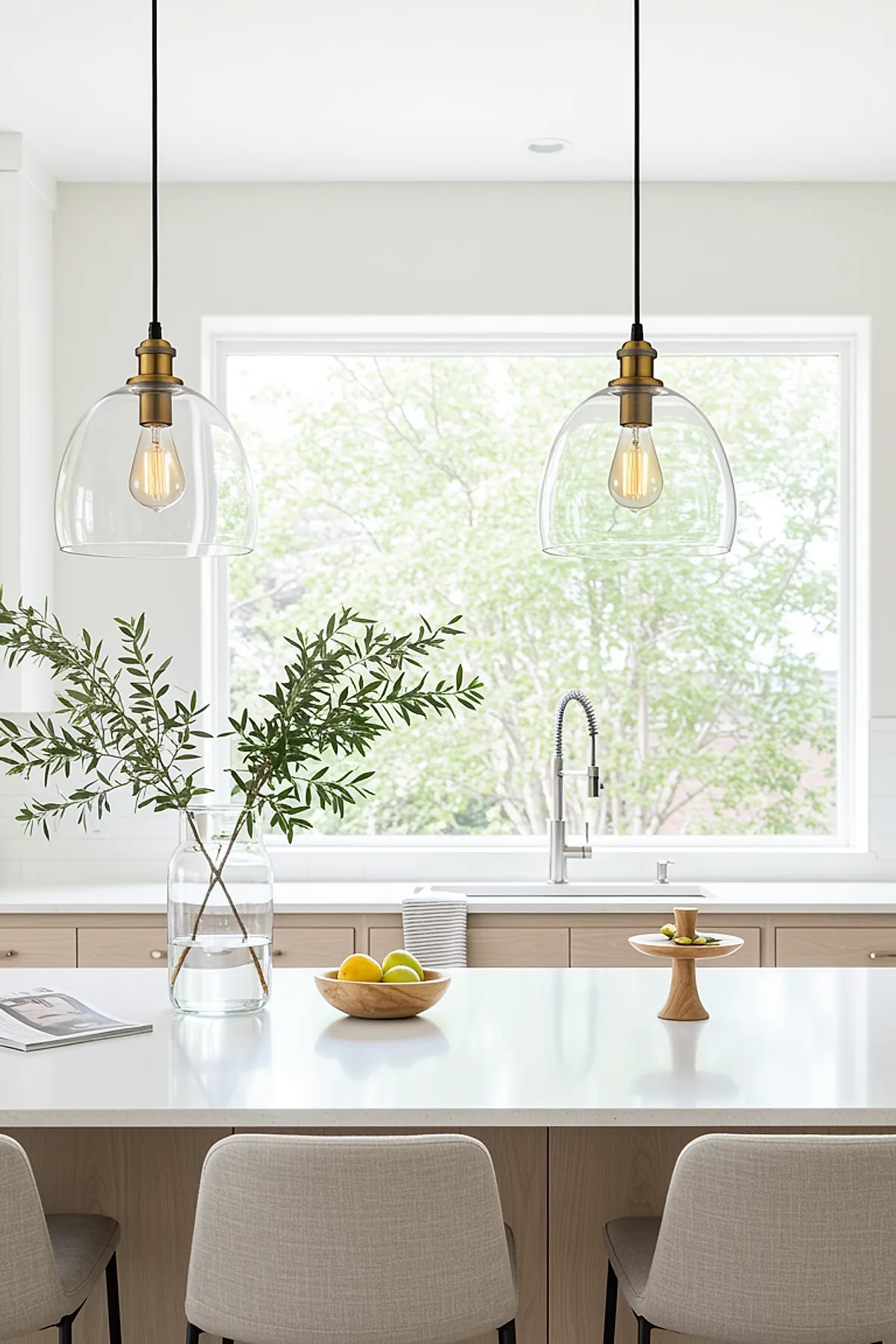 Clear glass pendant lights with brass fittings above a white kitchen island with stools and greenery.