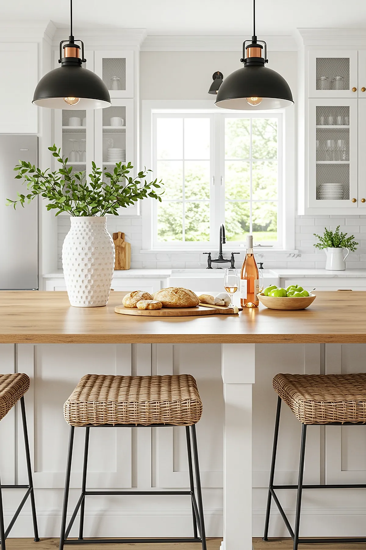 Black dome pendant lights over wooden kitchen island with wicker stools and white cabinetry.
